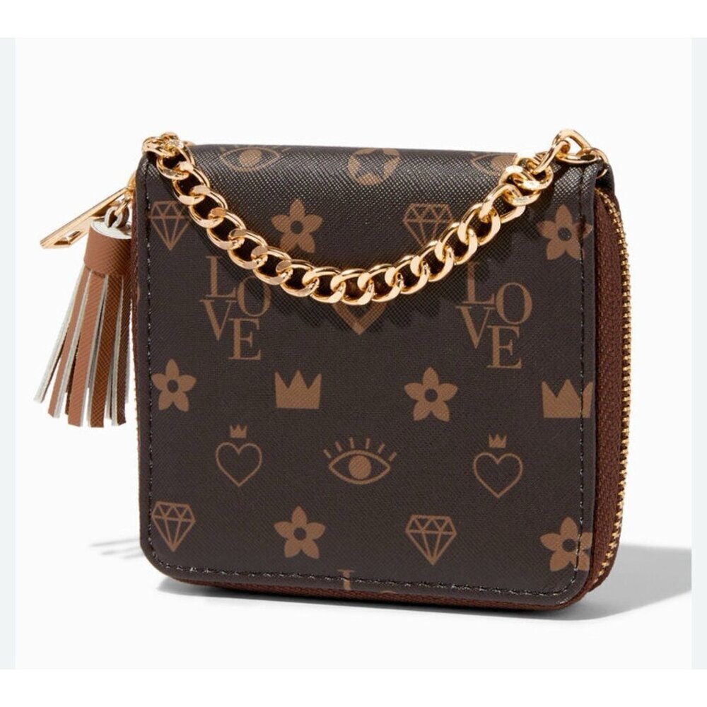Claire’s Brown & Black Status Icons Zip Around Wallet With Gold Chain Strap New